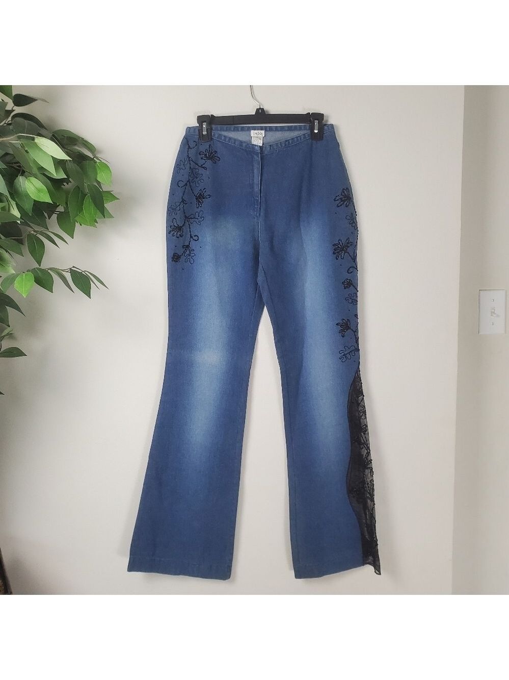 Cache Embroidered Flare Jeans Lace Detail Women Size 6